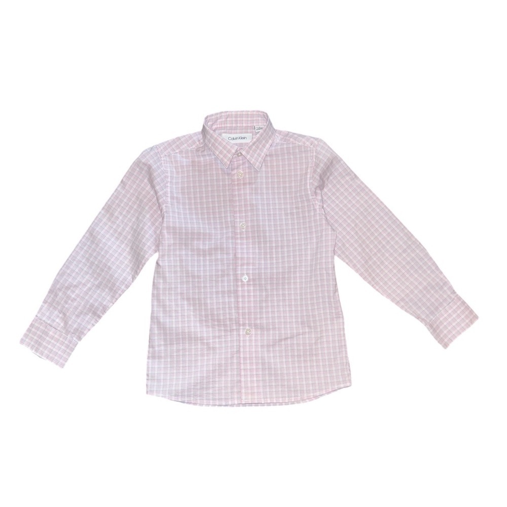 Calvin Klein slim fit + stretch pink plaid button down shirt